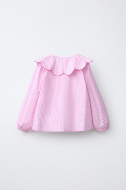 ZARA РУБАШКА В ПОЛОСКУ С ВЫШИВКОЙ НА ВОРОТНИКЕ, МЯГКИЙ РОЗОВЫЙ