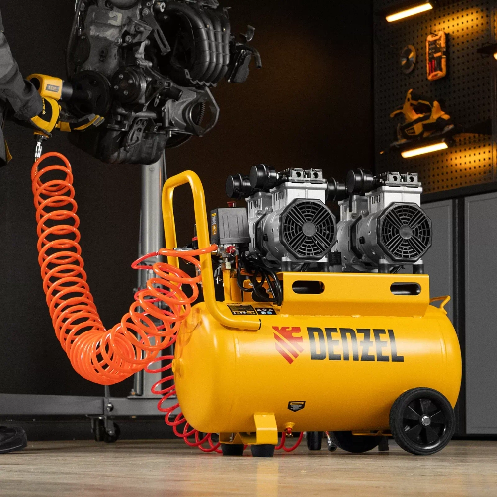 Аренда Компрессор безмасляный, малошумный DENZEL DLS 2200/50, 2200 Вт, 2x1100, 50 л, 380 л/мин