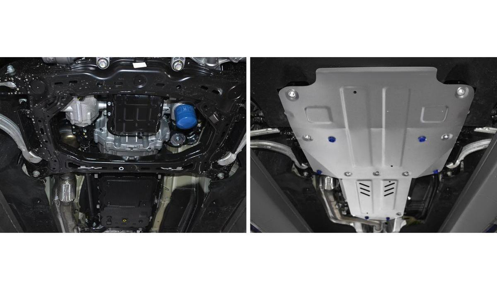 Защита картера, КПП и РК Rival для Genesis G70 (V - 2.0T) 4WD 2018-2021 2021-н.в./Kia Stinger (V - 2.0T; 3.3T) 4WD 2017-н.в., штампованная, алюминий 3.8 мм, с крепежом, 2 части, K333.2841.1