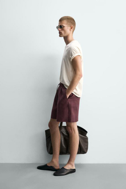 ZARA ШОРТЫ RELAXED FIT ИЗ 100% ЛЬНА, БОРДОВЫЙ