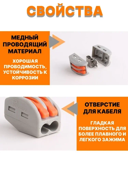 Клеммы для проводов зажимные монтажные 2-х контактные 20 шт / соединитель клеммный 0.08-2.5(4.0)мм2 32А РСТ-212