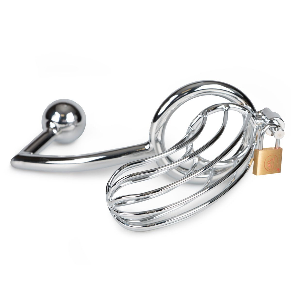 Мужской пояс верности с анальной пробкой Sinner Metal Penis Cage With Anal Hook №1 (Цвет: серебристый)