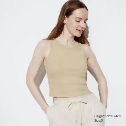 UNIQLO УКОРОЧЕННЫЙ ТОП В РУБЧИК, БЕЖЕВЫЙ