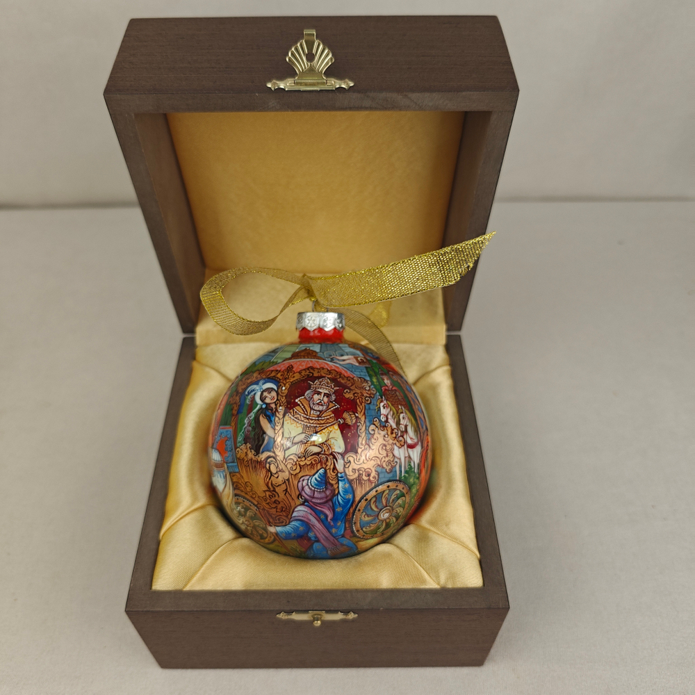 Шар новогодний с круговой росписью Палех "Золотой петушок" в футляре