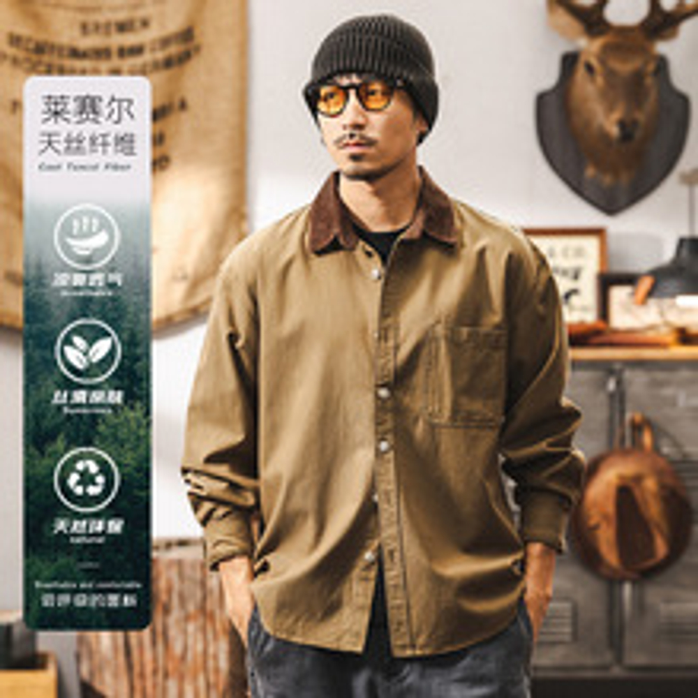 Рубашка мужская хлопковая с накладным карманом и воротом другого цвета из Lyocell Tencel