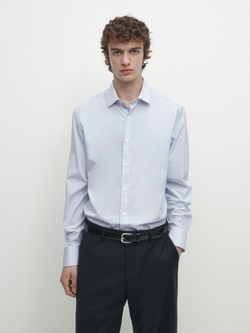 Massimo Dutti Рубашка облегающего кроя из 100% хлопка в полоску, голубой