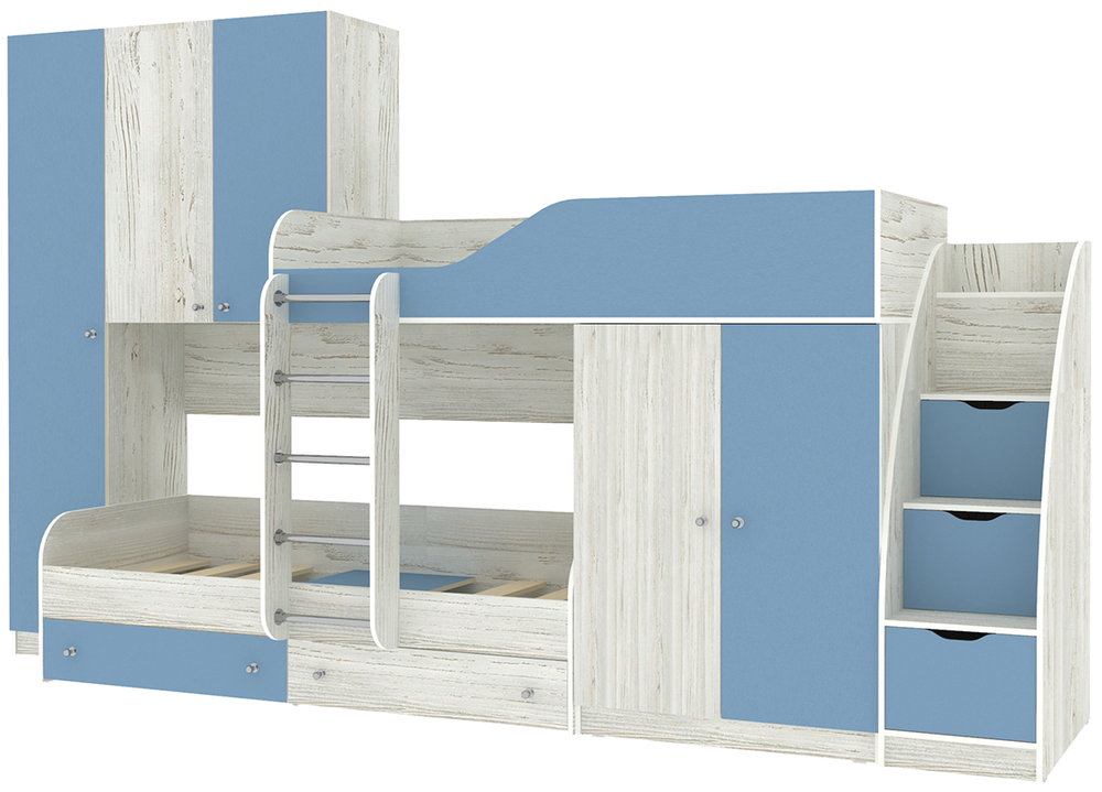 Двухъярусная кровать КарИВи Лео с лестницей Комод КарИВиом Винтерберг Светло-синий, голубой