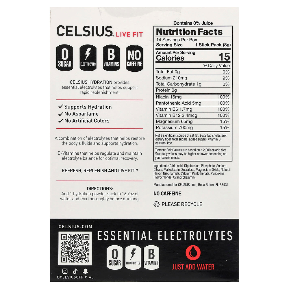 Celsius, Live Fit, увлажнение, незаменимые электролиты, без кофеина, фруктовый пунш, 14 порошковых стиков для увлажнения, 7,76 г (0,27 унции)