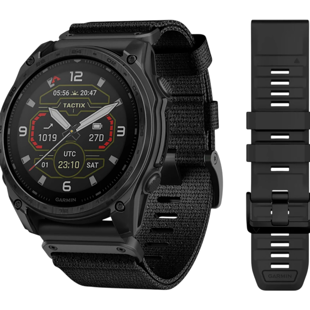 Спортивные часы Garmin tactix 8, 51 мм, Solar, Elite, чёрный нейлоновый ремешок, чёрный силиконовый ремешок Безель из титана, дисплей Solar со стеклом Power Sapphire. Нейлоновый ремешок и силиконовый ремешок с классическими застёжками — на запястье обхват