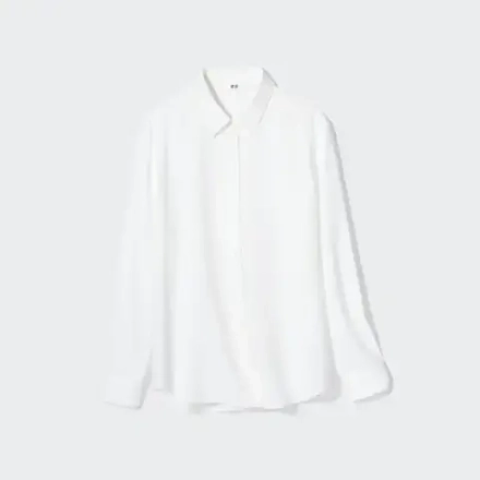 UNIQLO БЛУЗКА ИЗ ВИСКОЗЫ С ДЛИННЫМИ РУКАВАМИ, БЕЛЫЙ