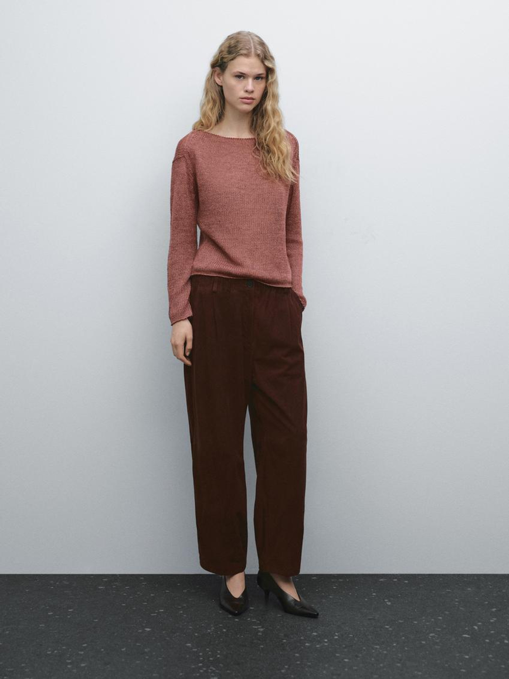 Massimo Dutti Свитер изо льна с вырезом «лодочка», розовый