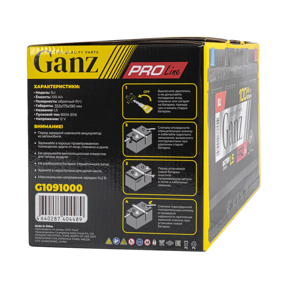 Аккумулятор GANZ PRO-Line DIN 100 А/ч обратный R+ 353x175x190 L5 EN 800 А