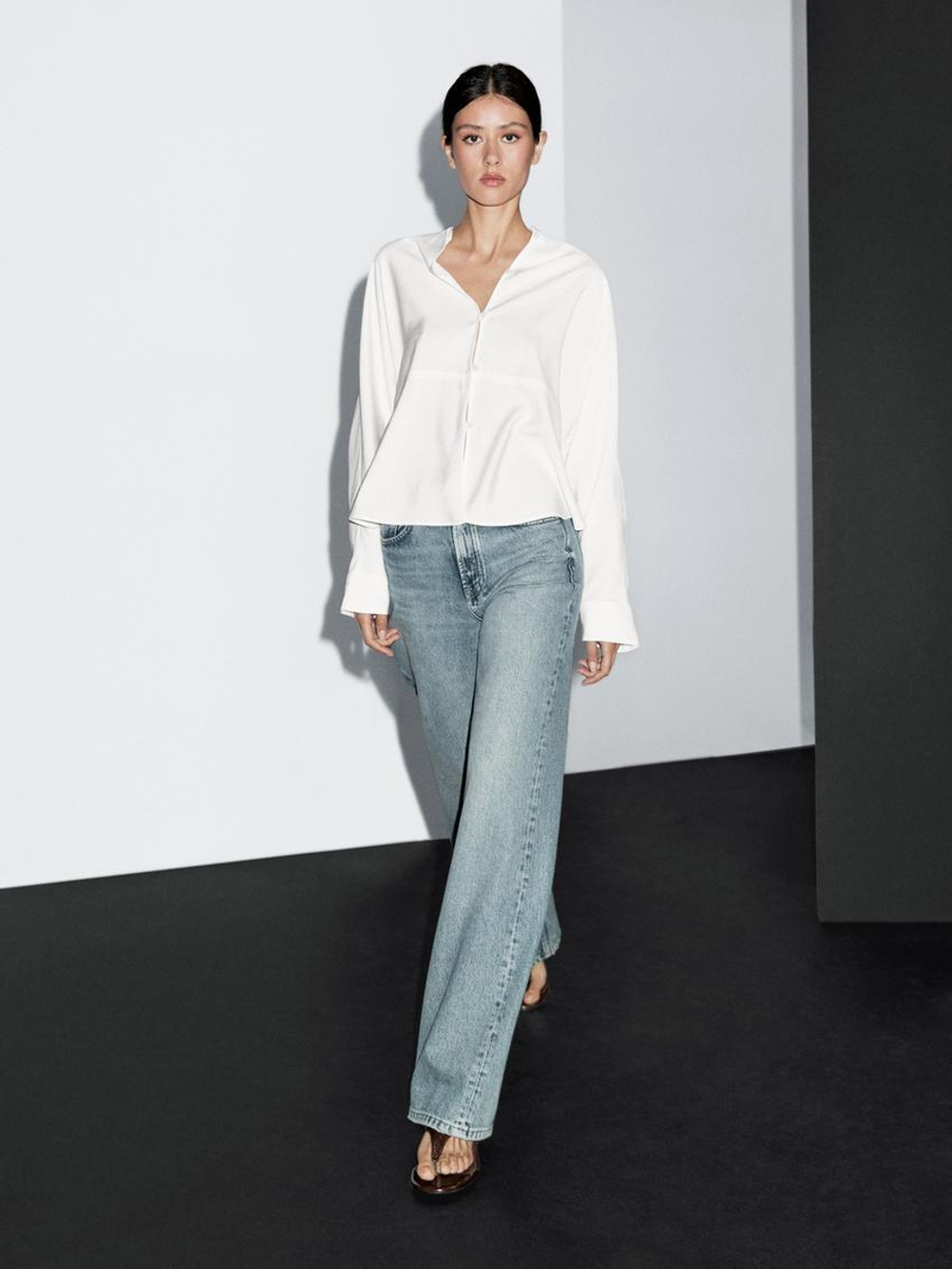 Massimo Dutti Рубашка с воротником-стойкой и декоративными швами спереди, бежевый