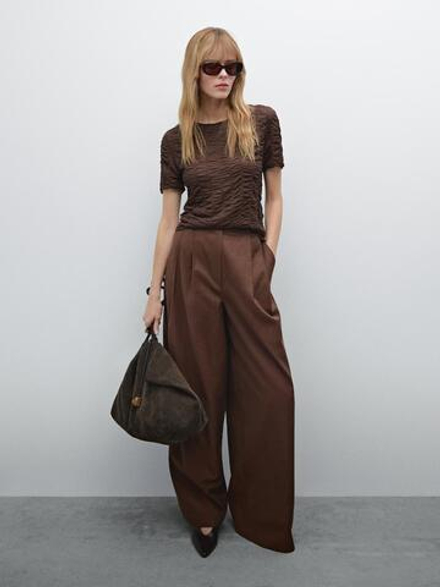 Massimo Dutti Трикотажная футболка со сборкой, коричневый