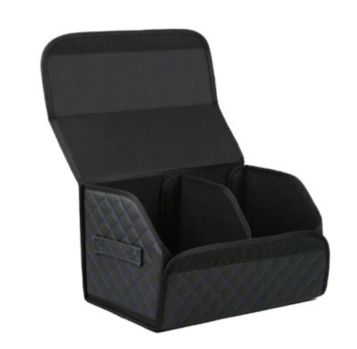 Органайзер в багажник 50х31х29см экокожа /черный с двойной синей строчкой/ саквояж (на замке) (Ростов)