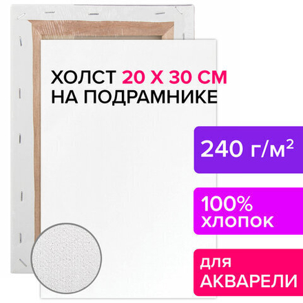 Холст на подрамнике акварельный BRAUBERG ART CLASSIC,20х30, 240г/м, 100% хлопок,мелкое зерно, 191667