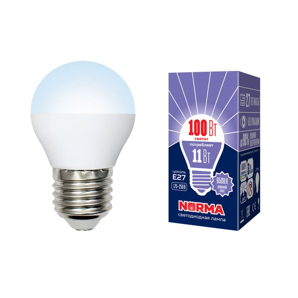LED-G45-11W/DW/E27/FR/NR Лампа светодиодная. Форма шар, матовая. Серия Norma. Дневной белый свет (6500K). Картон. ТМ Volpe