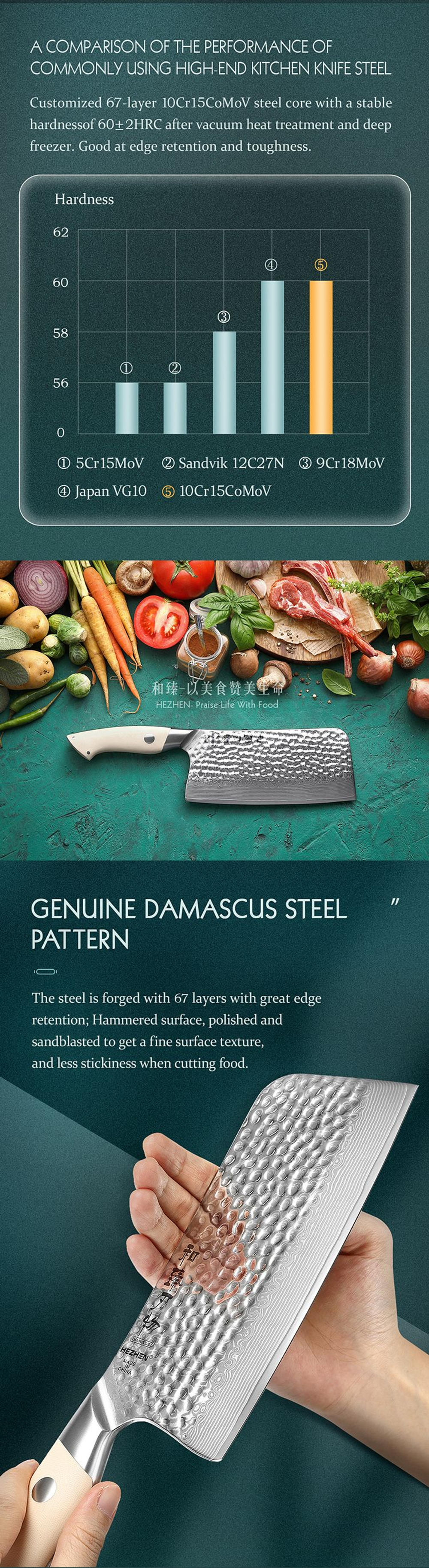 Кухонный нож Hezhen B38H Bone Chopper нож 7 дюймов клинок 67 Layers Damascus рукоять дерево G10, длина лезвия 18,3 см