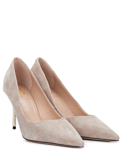 Женские туфли замшевые бежевые на каблуке со стразами