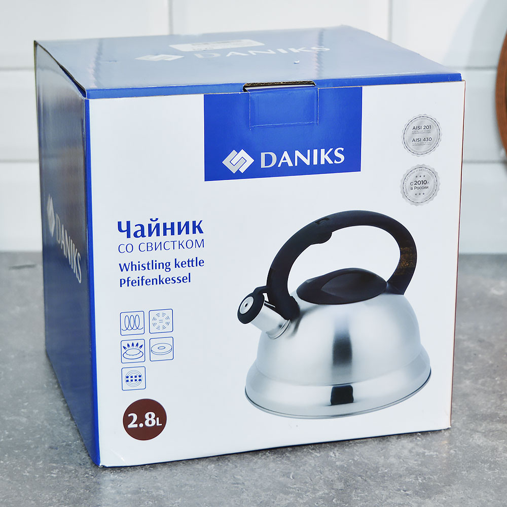 Чайник 2,8л нерж со свистком, матовый, ручка с силиконовым покрытием, "Daniks" MSY-013