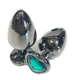 Черная металлическая анальная пробка с зеленым стразом-сердечком - 9 см. (Цвет: зеленый)
