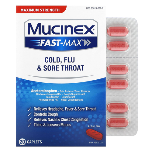 Mucinex, Fast-Max от простуды, гриппа и боли в горле, максимальная сила действия, для детей от 12 лет, 20 капсул