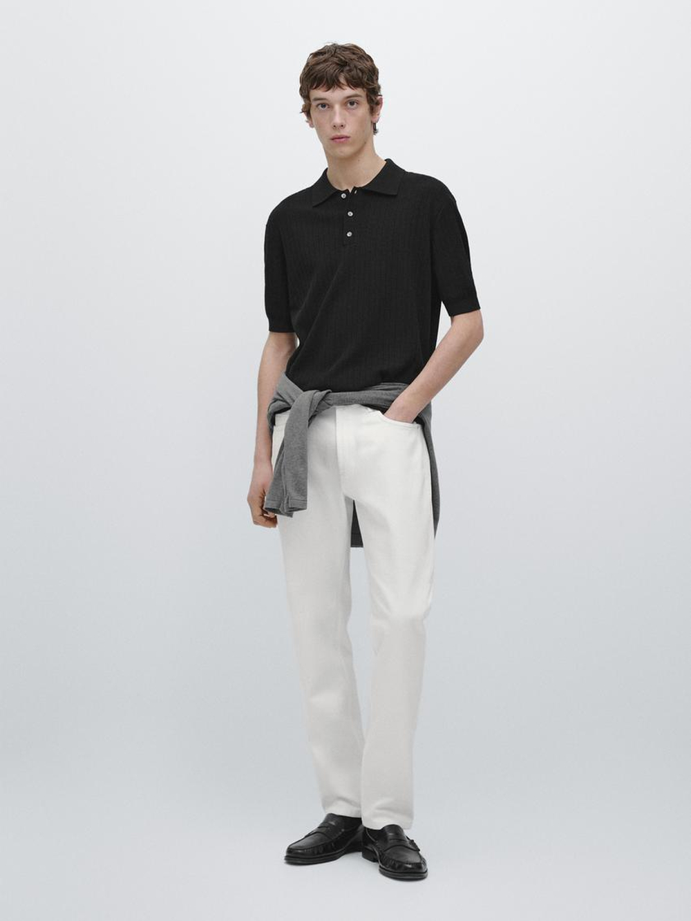 Massimo Dutti Поло из хлопковой трикотажной резинки, черный