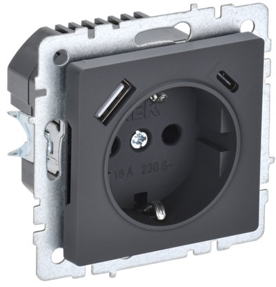 BRITE Розетка 1-местная с заземлением с защитными шторками 16А с USB A+C 18Вт РЮш11-1-БрГ графит IEK