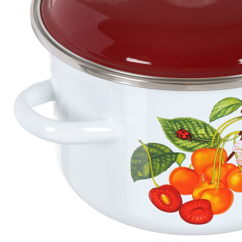 Кастрюля сталь, эмал, 2 л, с крыш, цилиндрическая, СтальЭмаль, Черешня, 6RD161M, белоснежная