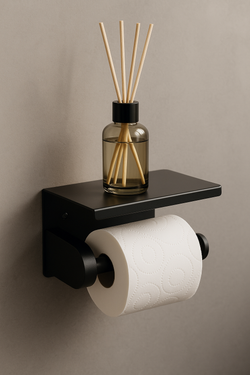 Держатель для туалетной бумаги STWORKI Хельсинки S33345BK настенный, матовый черный, с полкой