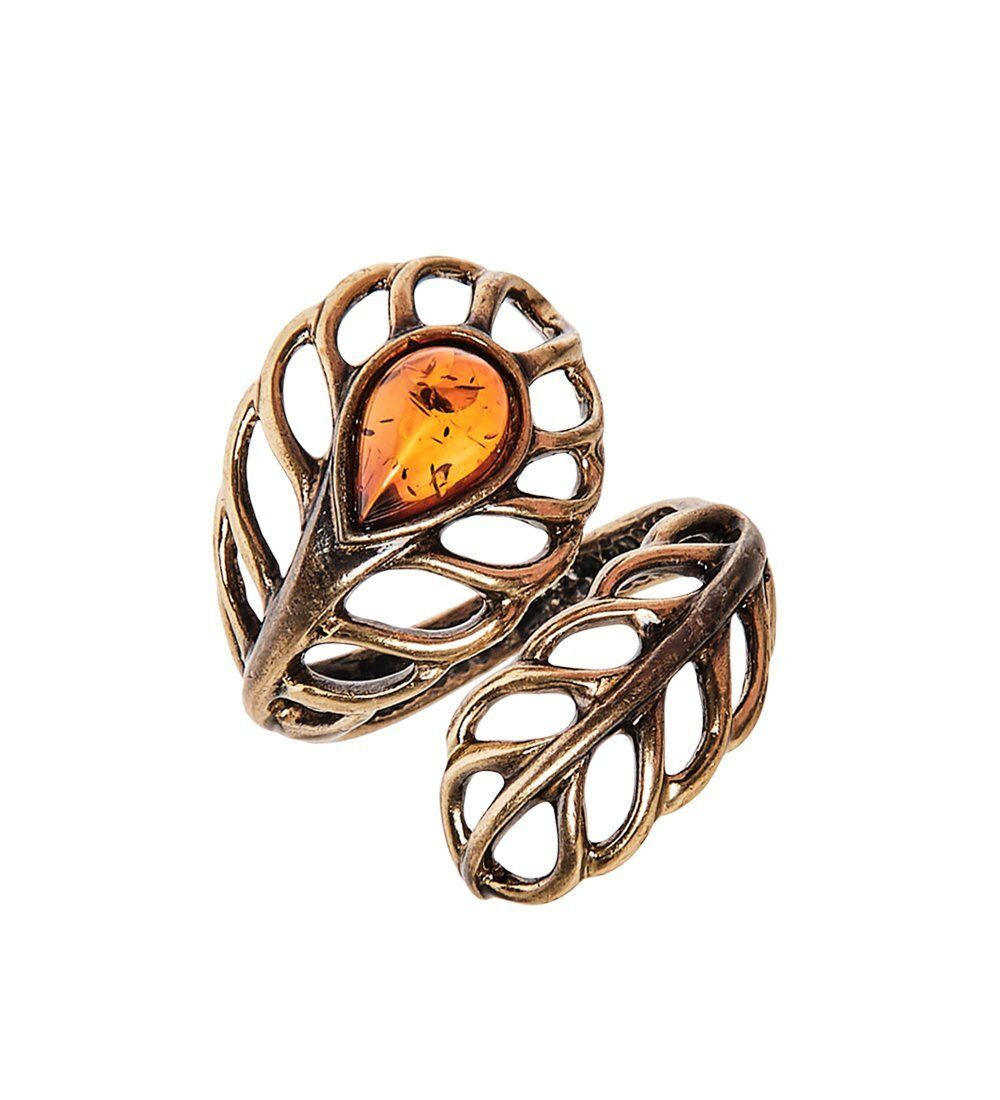 AM-2486 Кольцо «Перышко Ажурное» (латунь, янтарь)