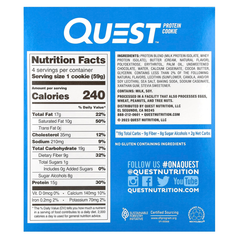 Quest Nutrition, Протеиновое печенье, шоколадная крошка, 4 пакетика, 59 г (2,08 унции)
