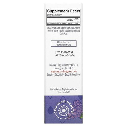MaryRuth's, органические капли с железом, для детей от 1 до 3 лет, с виноградным вкусом, 3,5 мг, 60 мл (2 жидк. унции)