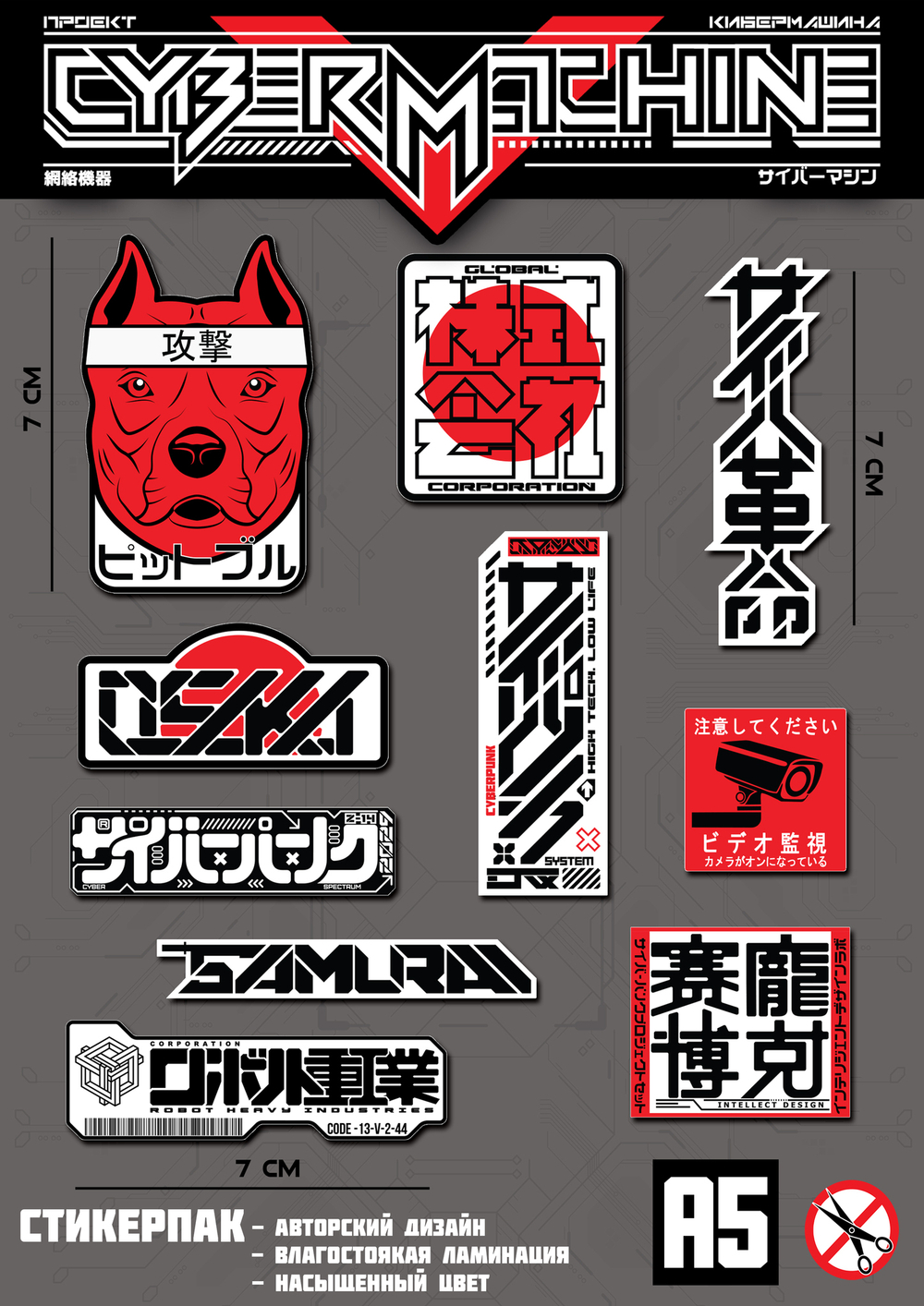 Стикерпак Japanese Cyberpunk. Набор наклеек в японском стиле киберпанк.