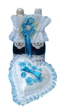 Набор Украшение на шампанское и Подушечка для колец, цвет: бирюзовый, 22см SvetikFantasy отделка может отличаться №3218.672