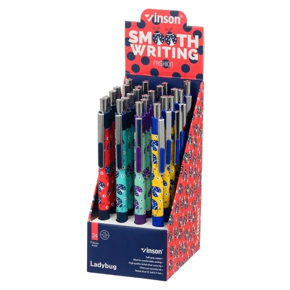 Ручка шариковая, автоматическая, Vinson, синие чернила, серия "Ladybug 2", 24 шт