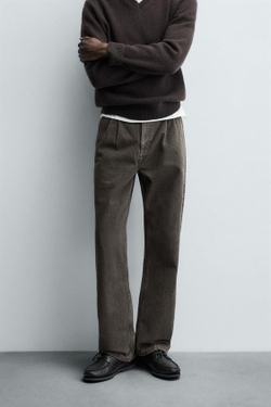 ZARA ДЖИНСЫ STRAIGHT FIT СО СКЛАДКАМИ, СЕРО-КОРИЧНЕВЫЙ