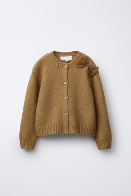 ZARA КАРДИГАН ИЗ ТРИКОТАЖА С БАНТОМ ИЗ ОРГАНЗЫ, КАРАМЕЛЬНЫЙ