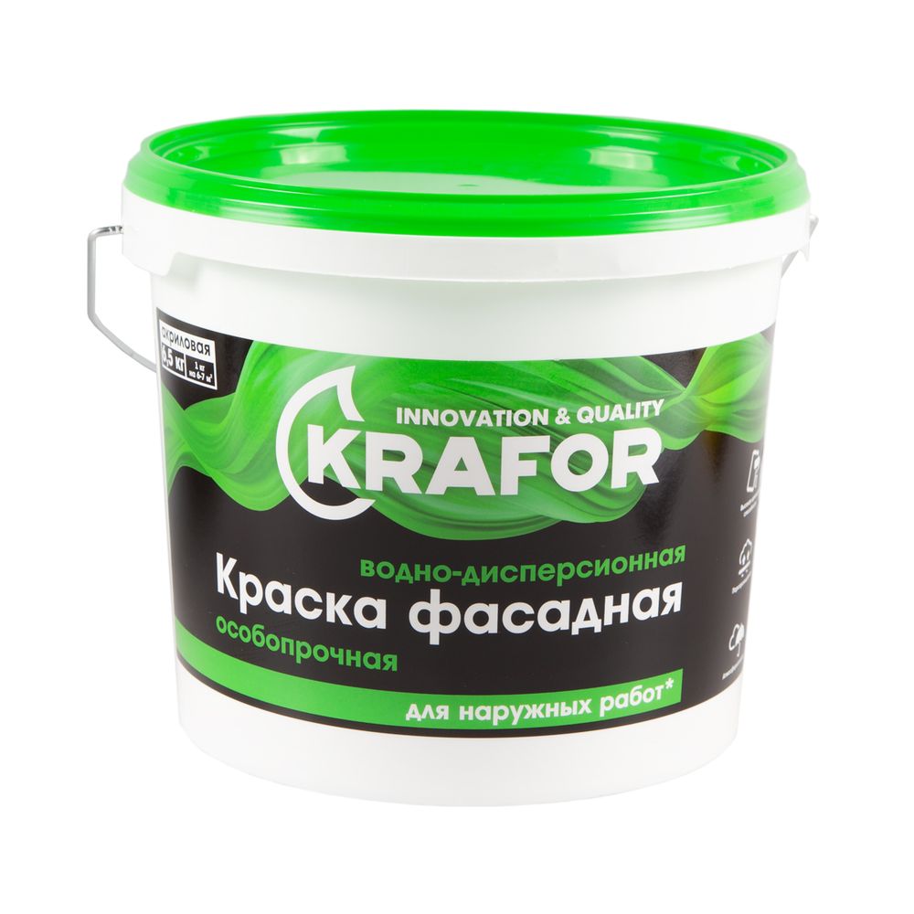 Краска водно-дисперсионная фасадная особопрочная Krafor, 6,5 кг, белая, 26951