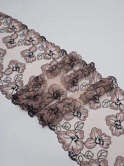 Вышивка на сетке темная пудра с черным неэластичная ширина 18 см