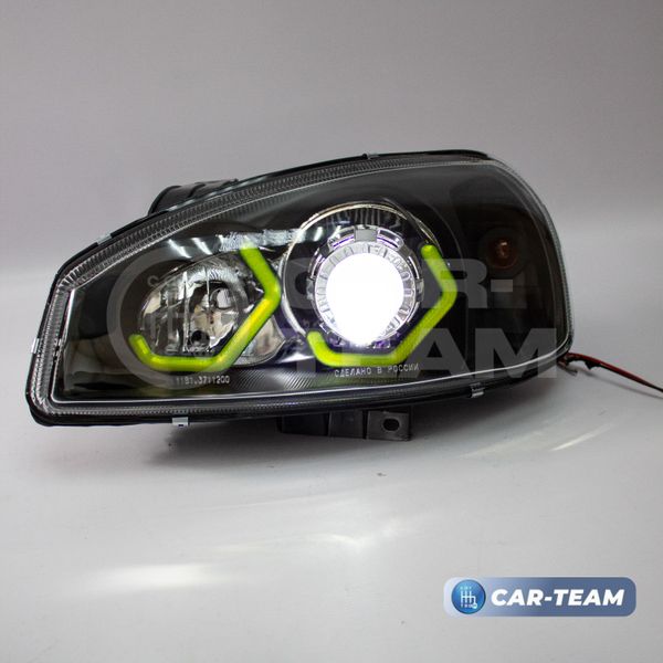 Фары Лада Калина 1 передние в стиле BMW с Bi LED модулями 2,0 дюйма, галочки в цвете Lime