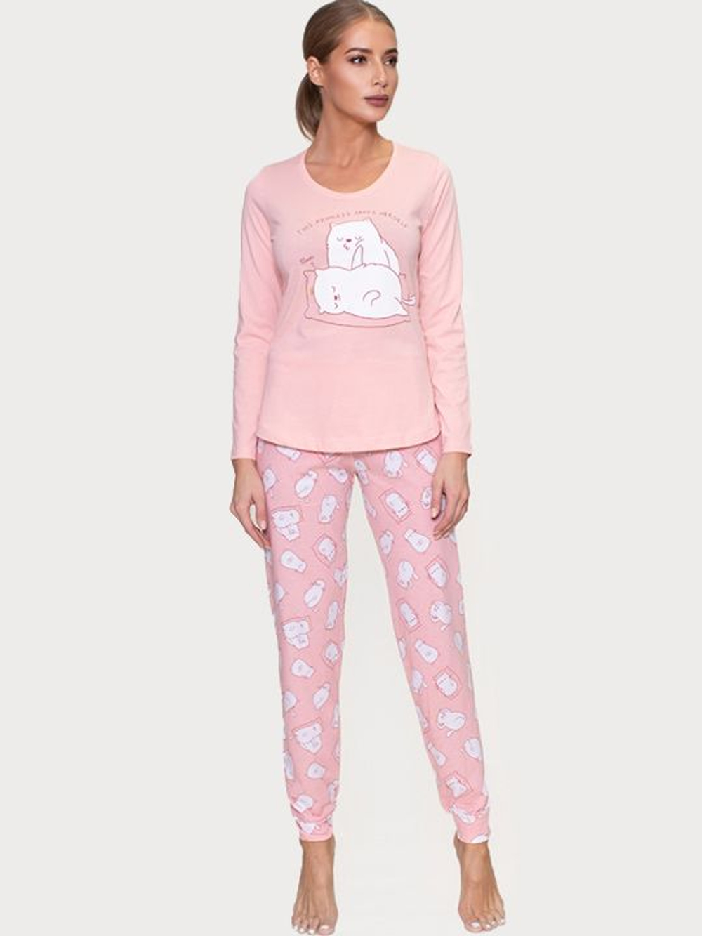 Женский брючный комплект с забавным принтом (Размер: S) (Цвет: персиковый)