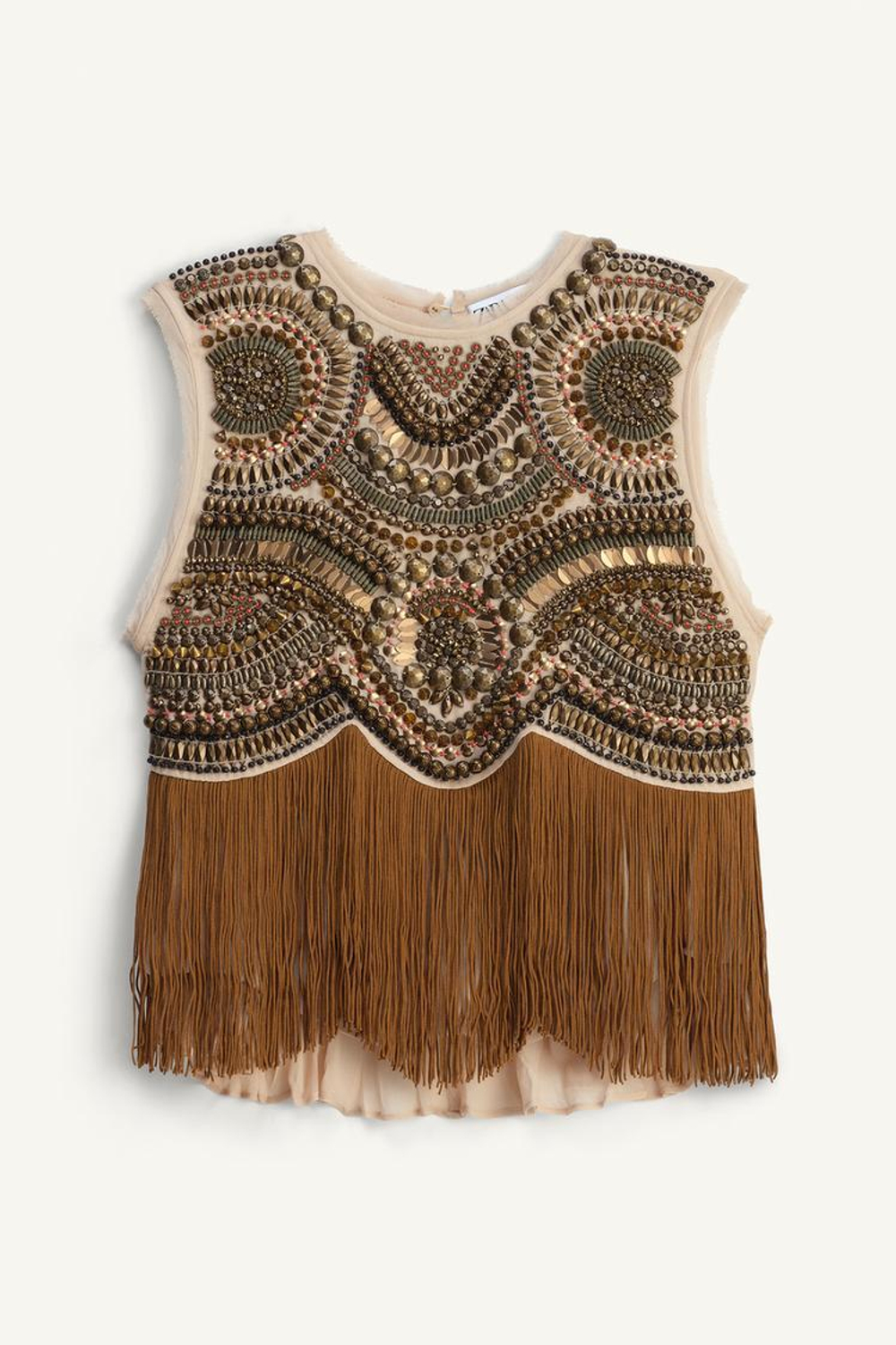 ZARA ТОП С ВЫШИВКОЙ И БАХРОМОЙ, ЦВЕТ ВЕРБЛЮЖЬЕЙ ШЕРСТИ