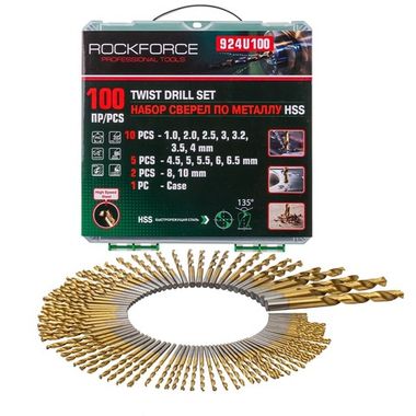 Набор сверел по металлу,100пр.(1,2,2.5,3,3.2,3.5,4-по 10шт,4.5,5,5.5,6,6.5-по 5шт,8,10-по 2шт)в кейсе RockForce RF-924U100