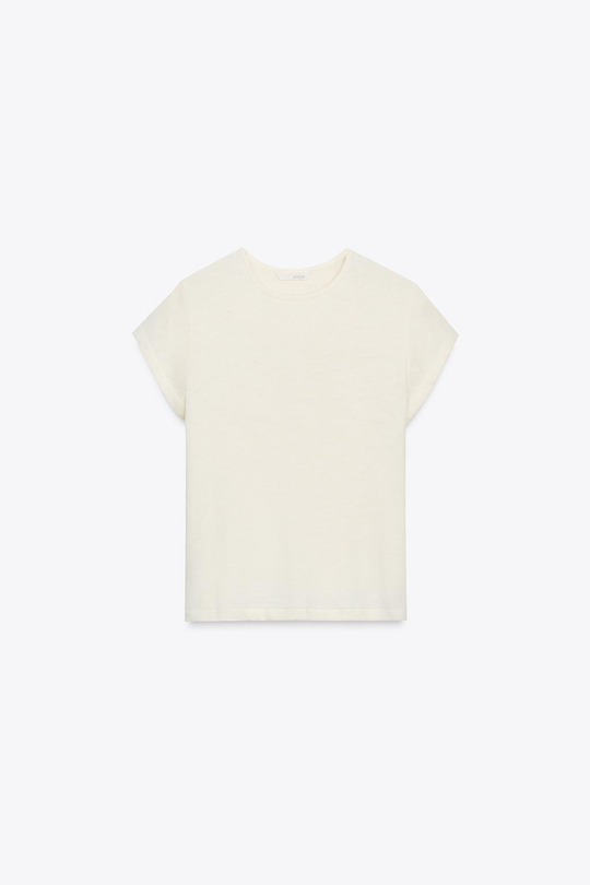 ZARA ФУТБОЛКА В СТИЛЕ РУСТИК С КОРОТКИМИ РУКАВАМИ, ЭКРЮ