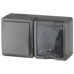 Блок розетка с выключателем ЭРА Эксперт 11-7401-03 IP54 16A-10AX-250В ОУ серый