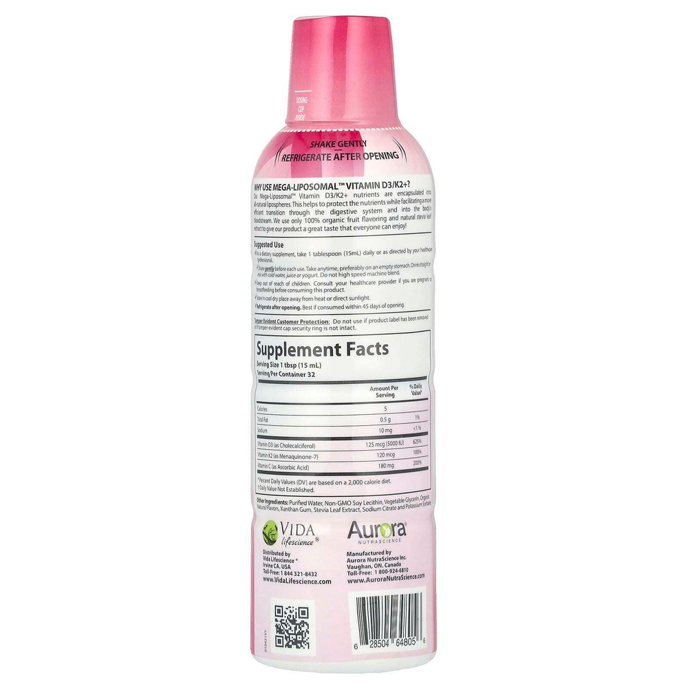 Aurora Nutrascience, Mega-Liposomal™, витамин D3/K2+ с витамином C, вкус органических фруктов, 480 мл (16 жидк. унций)