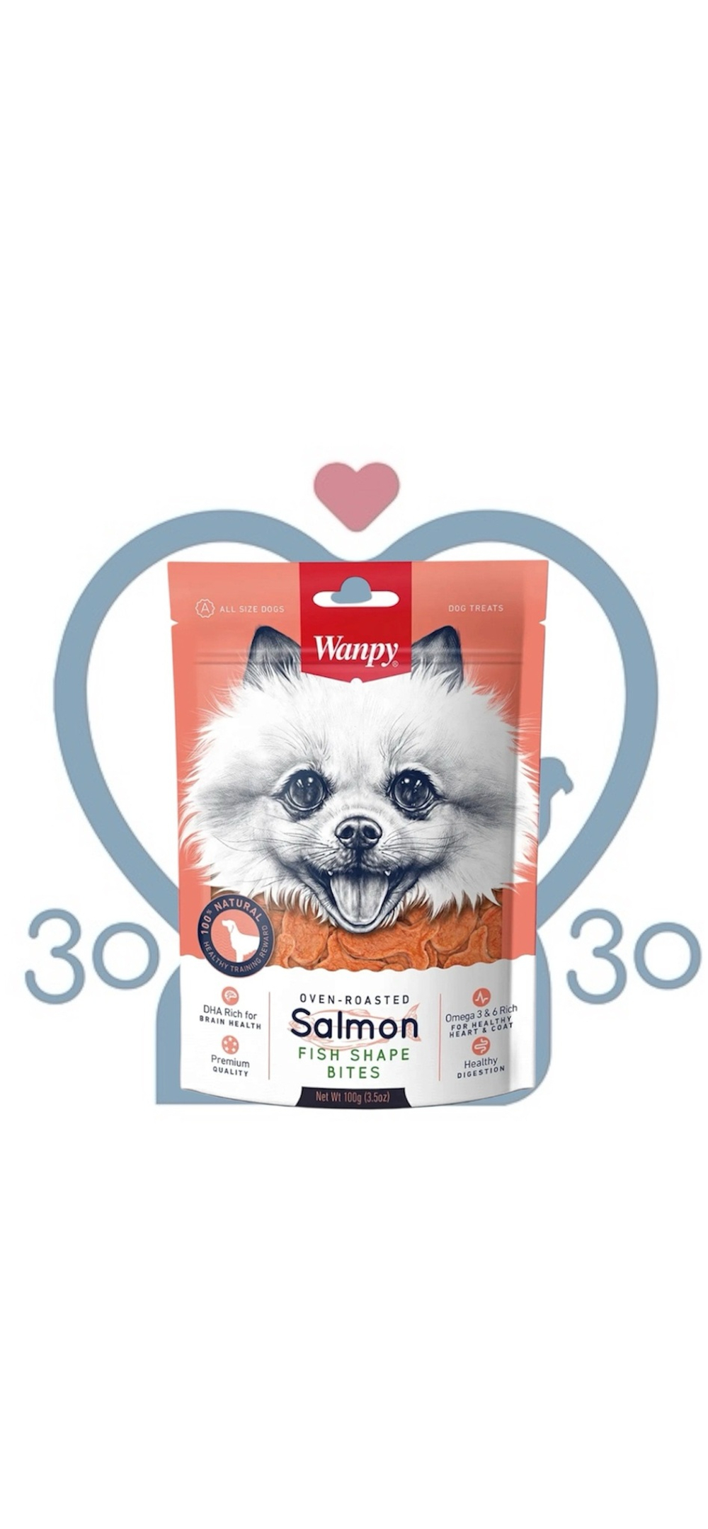 Лакомство для собак Wanpy Dog лакомые кусочки из нежного лосося в форме рыбок, 100г