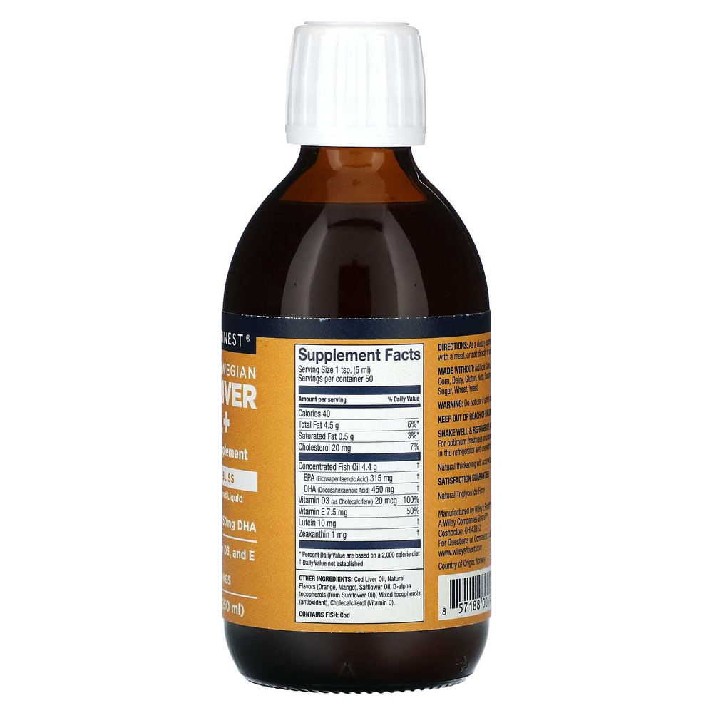 Wiley's Finest, Жир печени дикой норвежской трески +, апельсиновый сок, 250 мл (8,45 жидк. унц.)