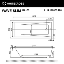 Акриловая ванна WHITECROSS Wave Slim, встраиваемая, белая, с каркасом